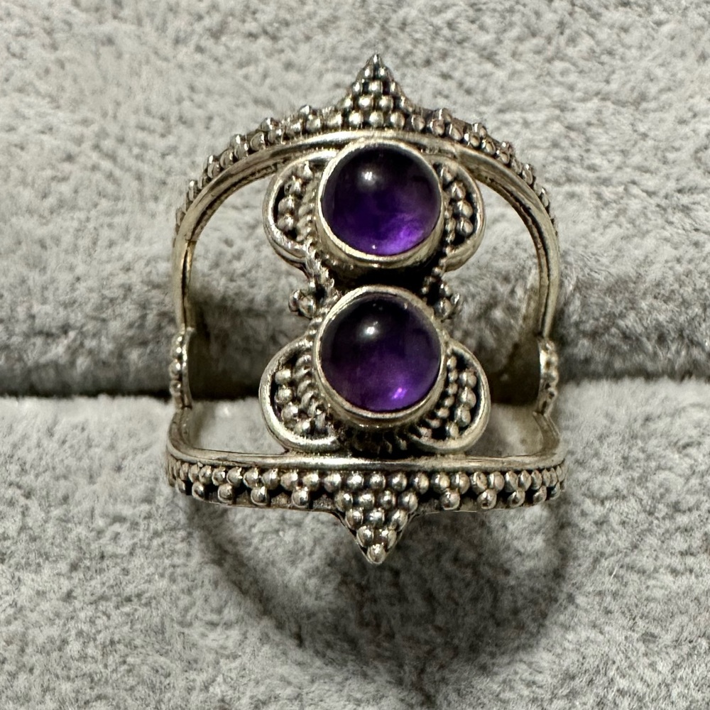 New Sterling Silver Boho Double Purple Amethyst Ring Size 9 Gemstone Crystal